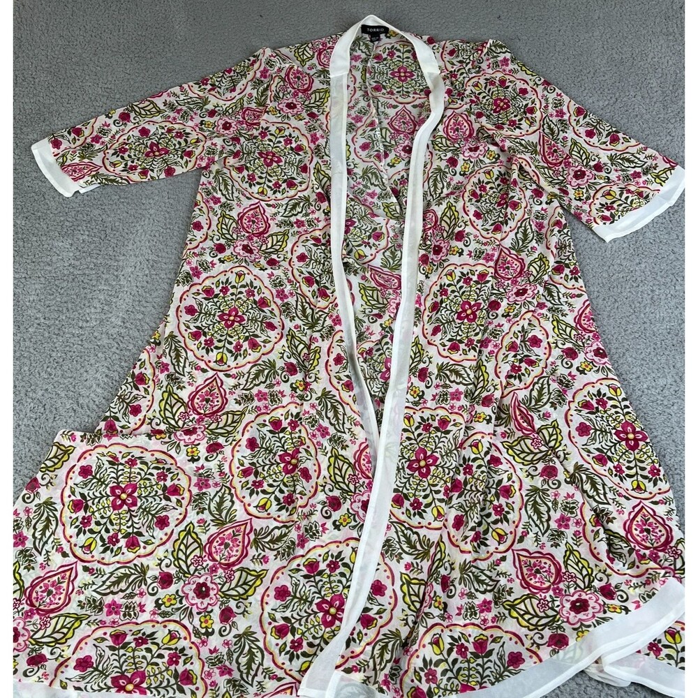 TORRID  Cardigan Sweater 00 Red Green Floral  XS Open Front Lightweight Chiffon